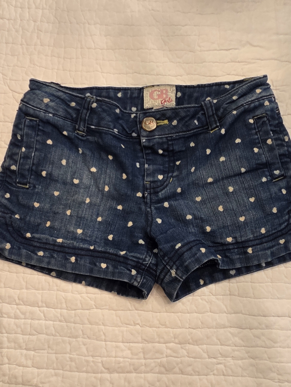 GB Girls' Heart Print Denim Shorts - Dark Blue Size 10